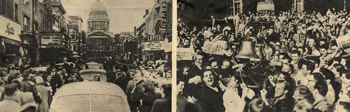 Thousands of fans crowded State Street upon hearing news of the Badgers’ first-ever Rose Bowl bid. AP wire photo first published in the Boston Sunday Herald December 7, 1952. Photo Courtesy UW-Madison Archives.