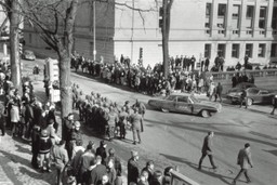National Guard troops march on campus during the Black Peoples Alliance strike of 1969.