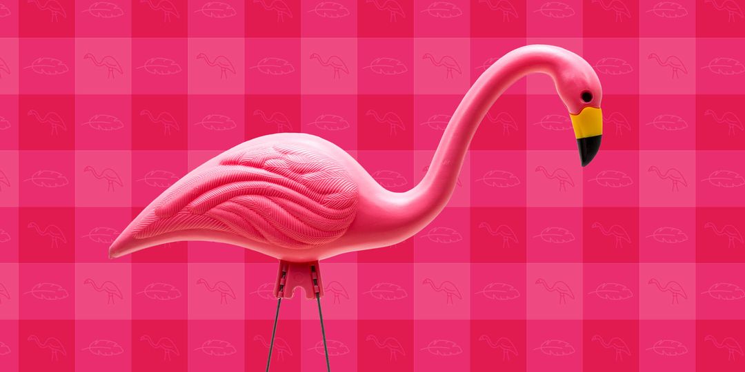 Lawn flamingos with a pink gingham background