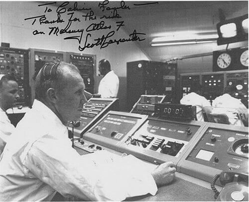 “To Calvin Fowler — Thanks for the ride on Mercury Atlas 7. Scott Carpenter"