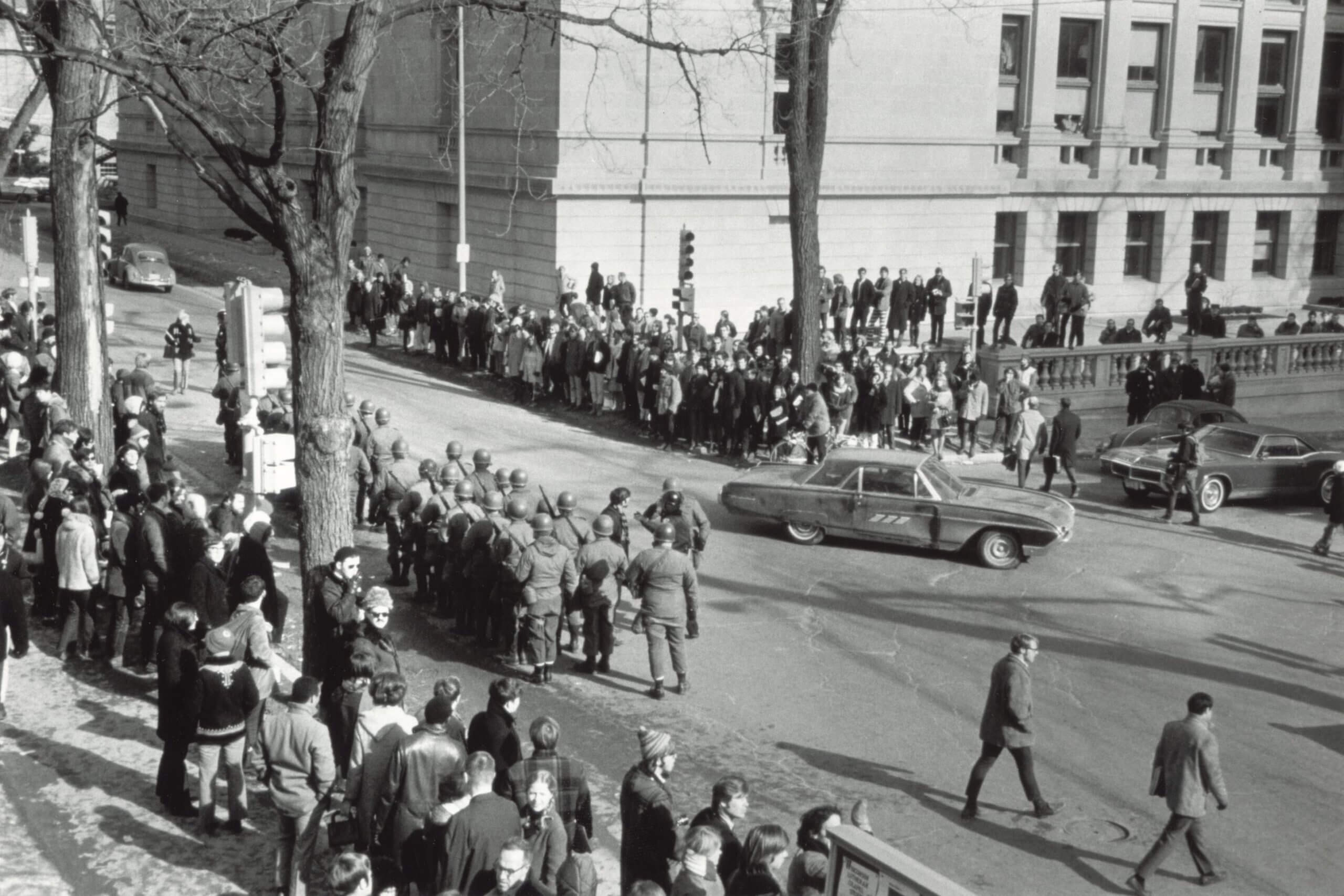 National Guard troops march on campus during the Black Peoples Alliance strike of 1969.