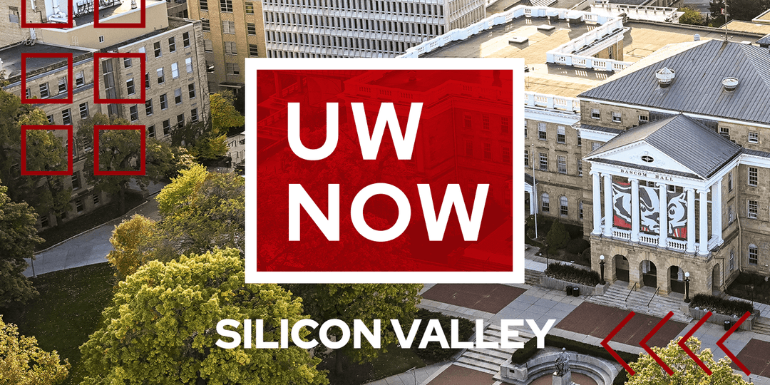 UW Now Silicon Valley graphic with an aerial view of Bascom Hall in the background