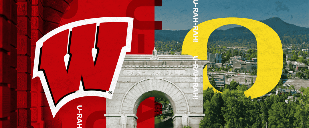 Athletics graphic featruing the Camp Randall arch and the motion-W and Oregon Ducks logo