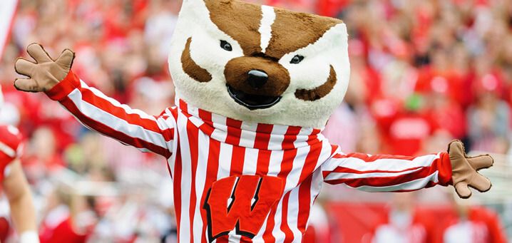 Bucky, cheering with arms wide open.