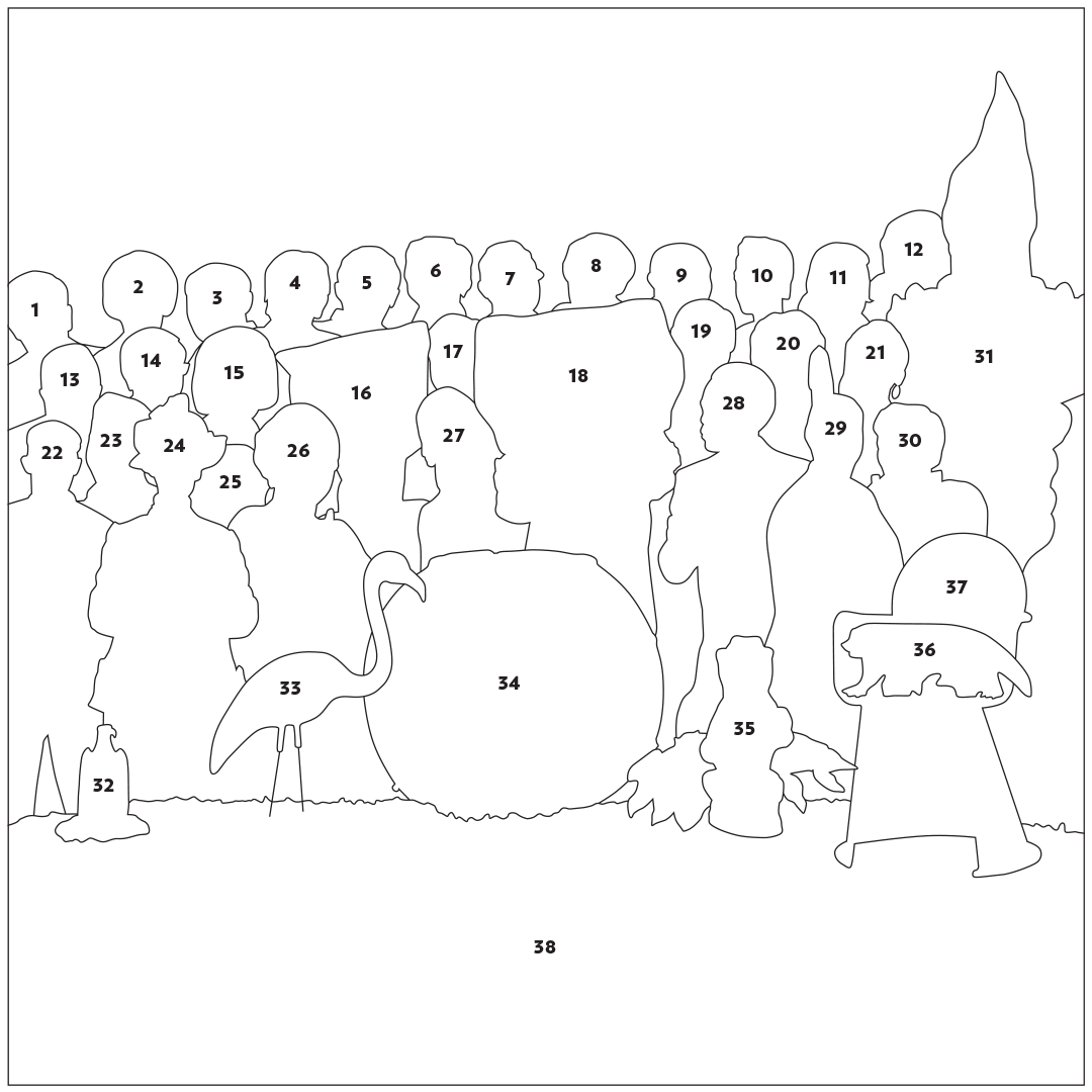 A numbered outline of the UW-themed rendition of the Sergeant Pepper's Lonely Hearts Club Band album cover. The outline corresponds with the following index to identify featured alumni and UW objects.