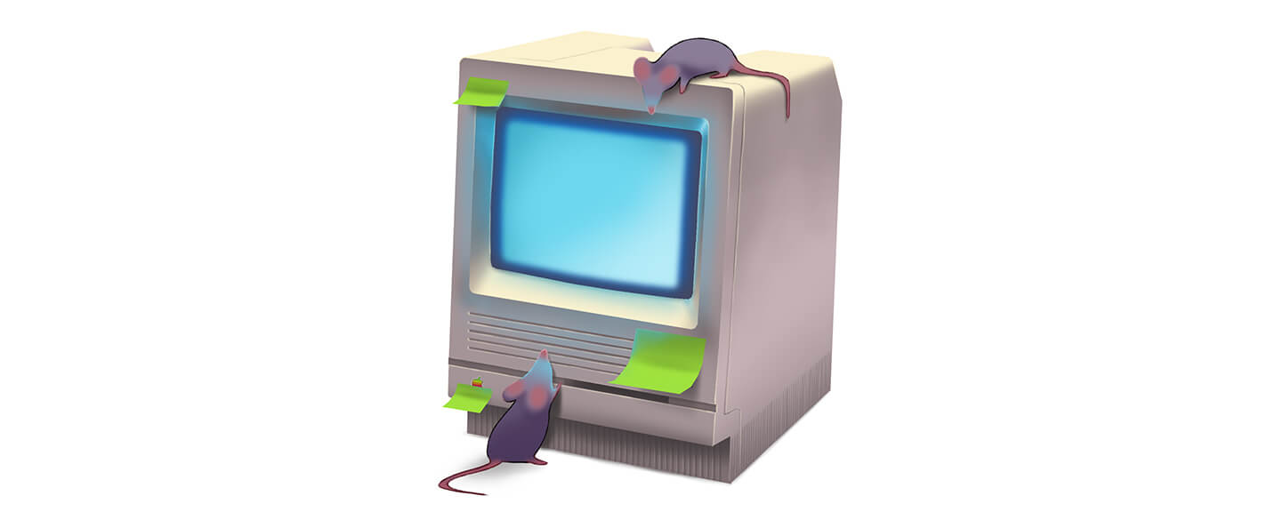 A rendering of a computer with two mice scurrying around it.