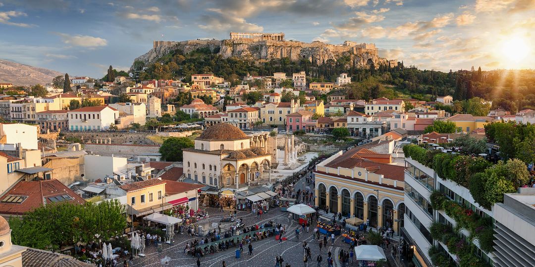 Sunset over the Plaka, the old town of Athens, Greece