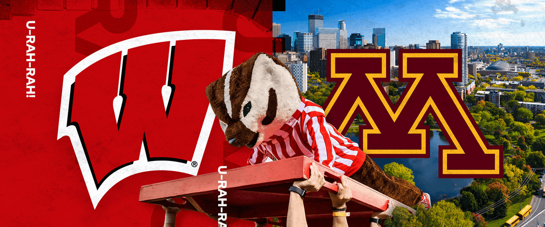 Motion W for Wisconsin sports and the University of Minnesota M in the background with Bucky doing pushups in the foreground.