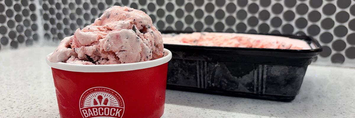 A red ice cream cup sits on a white countertop in front of a black, rectangular container. The cup contains scoops of pink ice cream with chocolate flakes mixed in, and the black container contains the same flavor. It appears that the ice cream in the cup was scoop out of the black container.