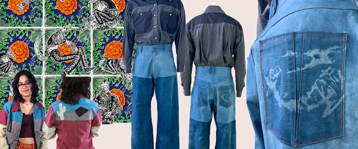 A collection of patch-work denim and prints designed by Elizabeth Song.