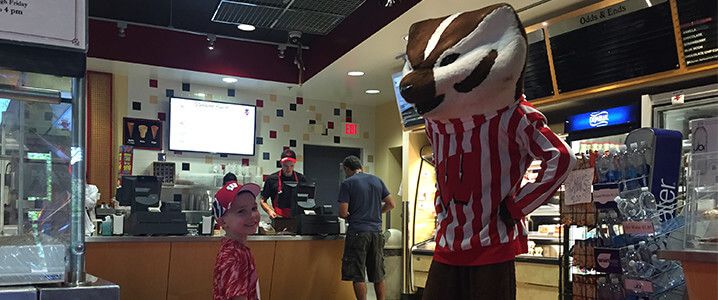 Bucky badger and 5 year old Ross Estok