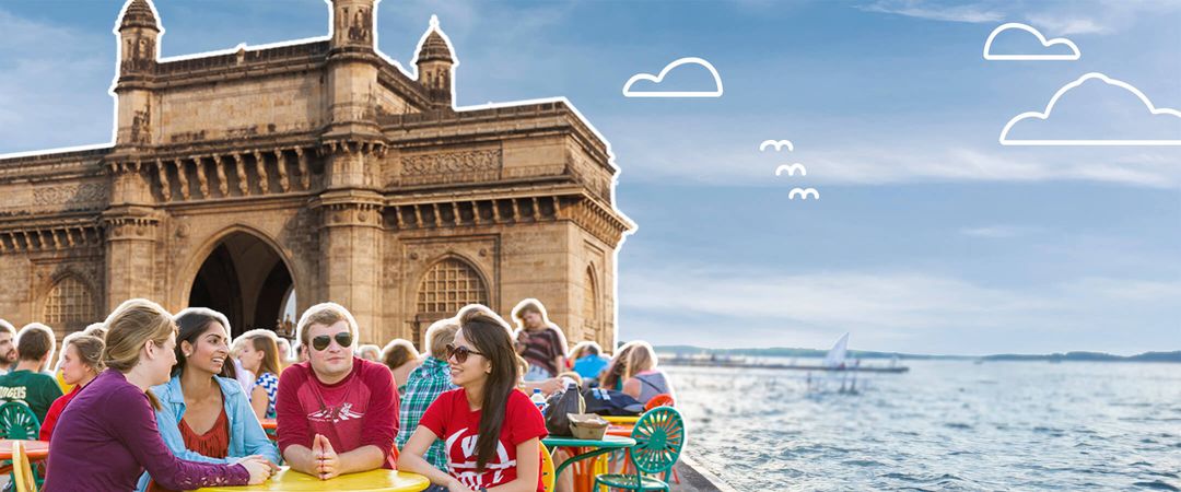 Memorial Union Terrace in the foreground with the Gateway of India in the background.